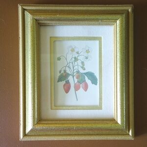Strawberry & Floral Framed & Matted Art. Gold White Red Green Yellow